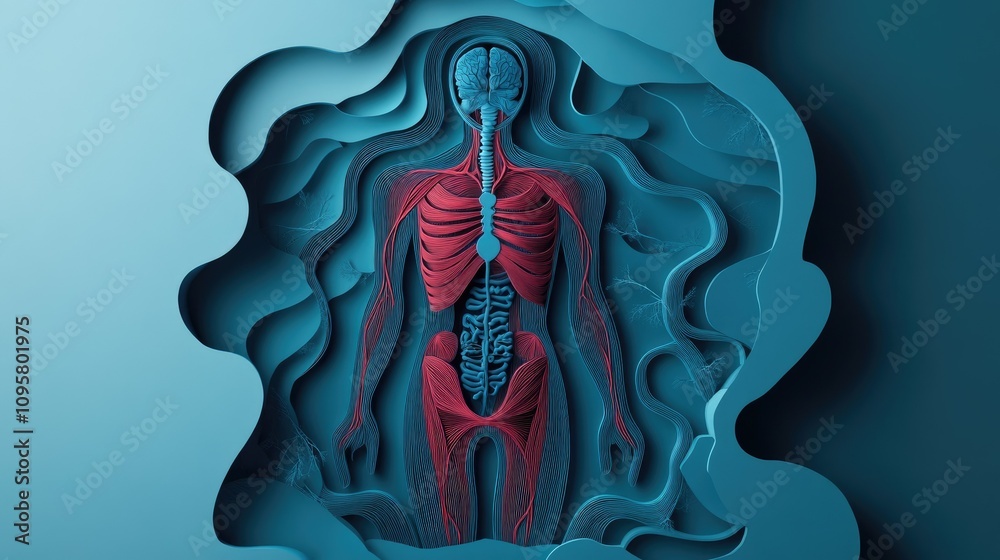 Poster A stylized paper cut representation of the human body, with layered structures symbolizing anatomical systems in a digital, minimalist design