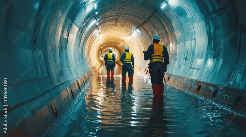 Poster A team of engineers working on waterproofing methods for tunnels beneath water bodies, focusing on resilient infrastructure for utility networks