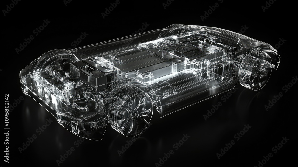 Poster A transparent electric vehicle battery pack, highlighting complex internal circuits and cooling systems designed for optimal performance