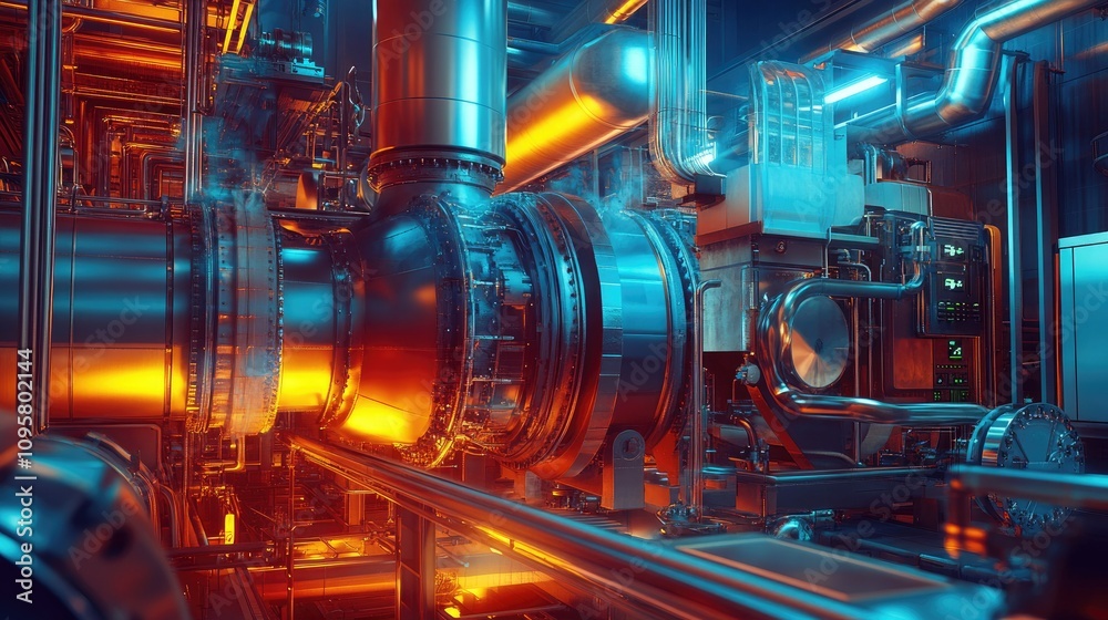 Poster A turbine generator system connected to a small modular reactor (SMR), generating electricity from steam in a modern energy plant