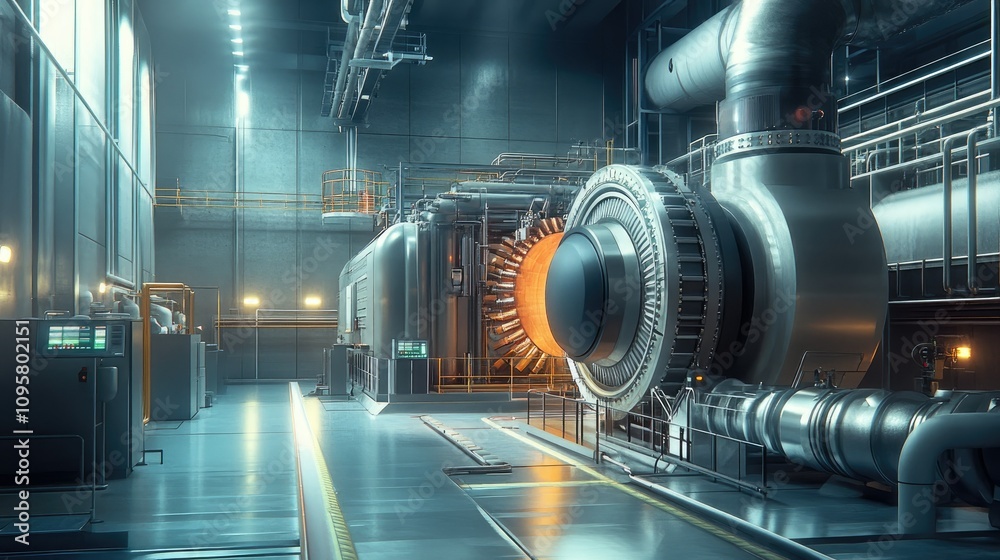 Poster A turbine generator system connected to a small modular reactor (SMR), generating electricity from steam in a modern energy plant