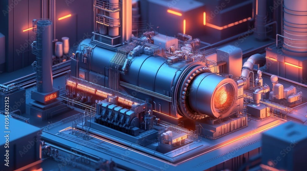 Poster A turbine generator system connected to a small modular reactor (SMR), generating electricity from steam in a modern energy plant