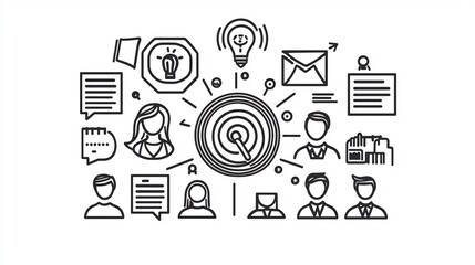 Collection of 15 black and white outline icons symbolizing digital marketing themes like strategic planning project execution teamwork goal achievement and business success