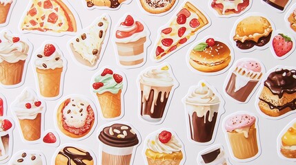 Colorful and Appetizing Food Themed Stickers Featuring a Variety of Delicious Desserts Tempting Treats and Scrumptious Snacks like Pizza Ice Cream Donuts Cakes and Coffee in a Playful Whimsical Design