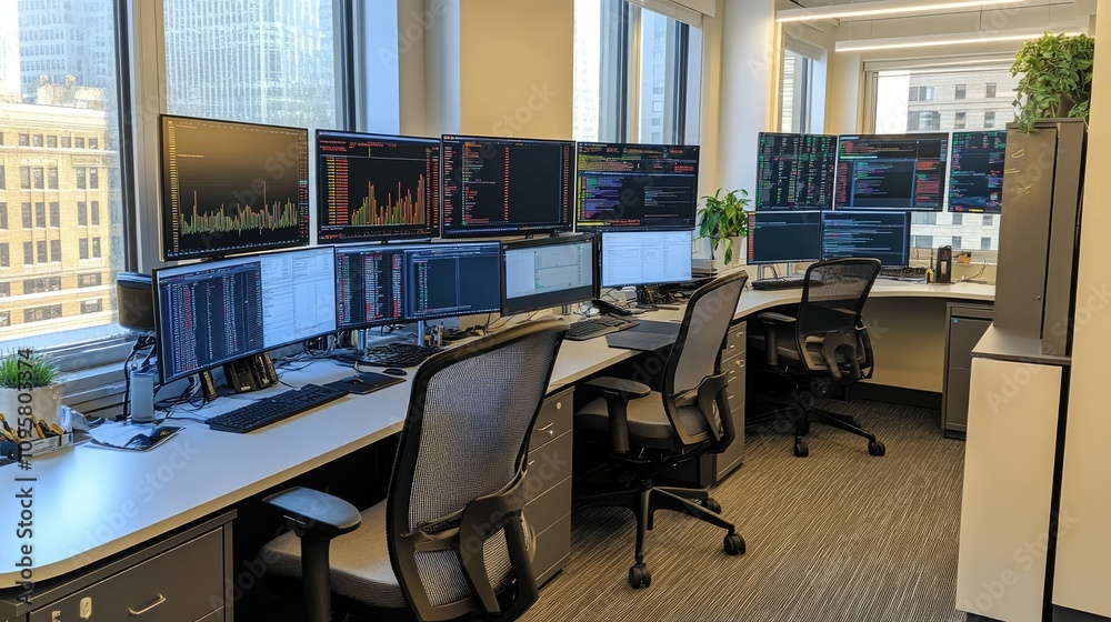Aufkleber An office with large monitors displaying advanced data visualizations for assessing stock market volatility and risk in financial analysis