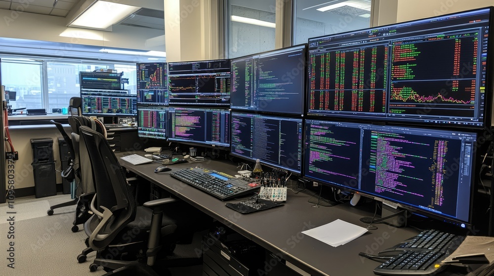 Poster An office with large monitors displaying advanced data visualizations for assessing stock market volatility and risk in financial analysis