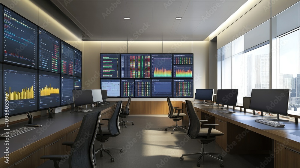 Poster An office with large monitors displaying advanced data visualizations for assessing stock market volatility and risk in financial analysis