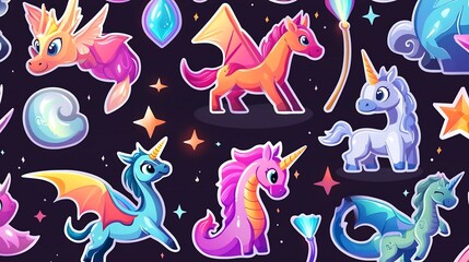 Colorful and whimsical fantasy themed sticker collection featuring vibrant of mythical creatures like unicorns dragons and other magical elements in a captivating design