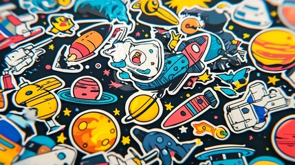 Fototapeta premium Colorful and Playful Space Themed Stickers Featuring Planets Stars Rockets and Astronauts in a Whimsical Cosmic Style Design
