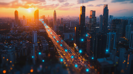 Fototapeta premium Smart digital Innovation city with connection network reciprocity over the cityscape. of future smart wireless digital city and social media networking systems that connects people with in city
