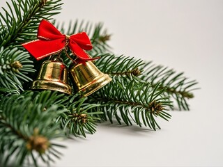 Christmas bells composition.gold traditional bells with red ribbon and pine branches isolated on white background. Holiday elegant for design