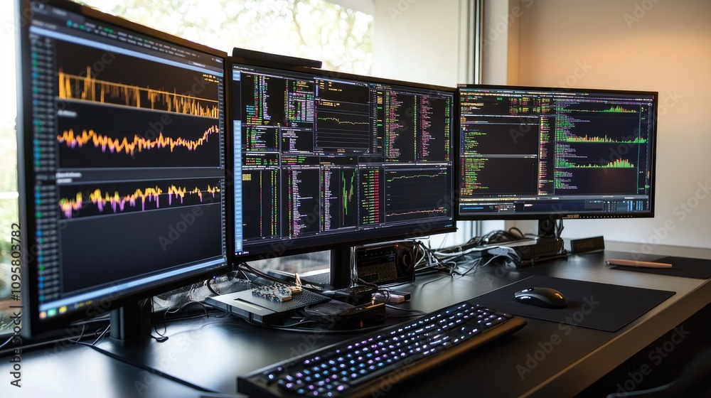 Poster Data analysts using advanced data visualization tools on multiple monitors to track stock market volatility and assess risks