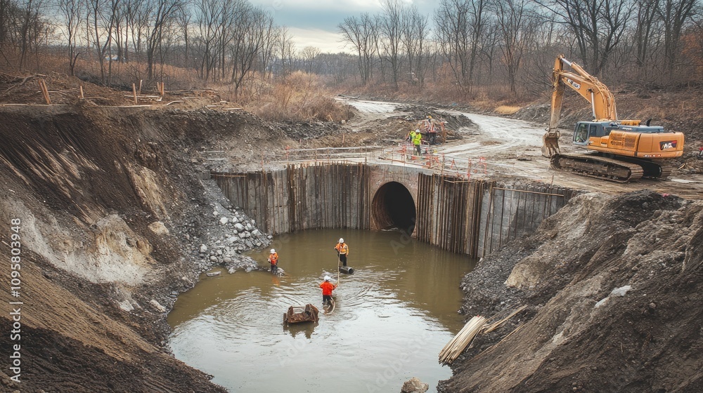 Poster engineers applying advanced waterproofing techniques to construct tunnels beneath rivers and lakes, 
