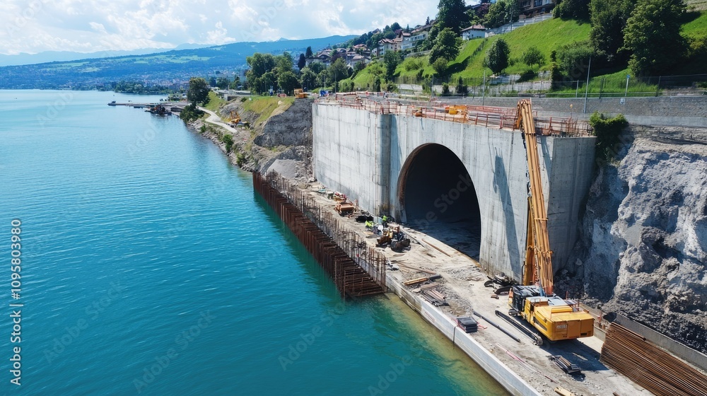 Poster engineers applying waterproofing solutions to tunnel construction beneath lakes and rivers, reinforc