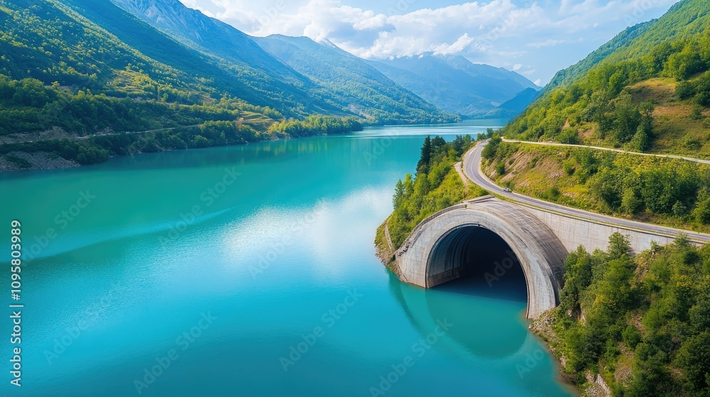 Poster engineers applying waterproofing solutions to tunnel construction beneath lakes and rivers, reinforc