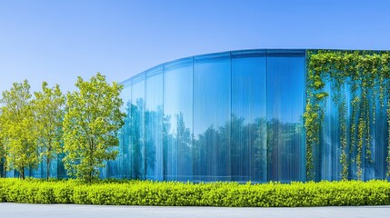 Modern architectural design featuring glass and greenery under clear blue sky