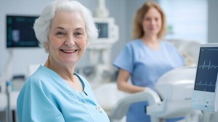 Fototapeta premium A smiling elderly woman in a medical setting, showcasing the warmth of healthcare and the connection between patients and caregivers.