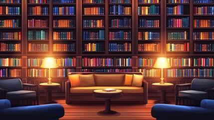 Cozy and Elegant Home Library Interior with Bookshelves Comfortable Seating and Warm Ambient Lighting Creating a Peaceful and Intellectual Atmosphere