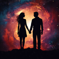 man and woman silhouette set against
an abstract cosmic background
the image should convey a sense

