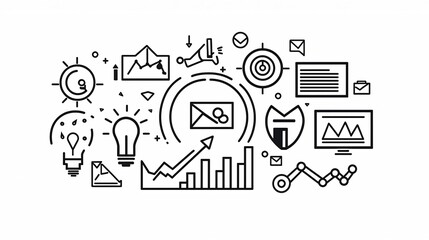 Creative set of 15 black and white outline digital marketing icons featuring project milestones work processes business planning and success achievement in a minimalist modern graphic design style