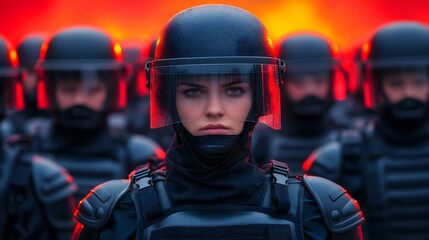 A strong female police officer stands in formation, symbolizing power and control in a tense environment.