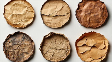 round, textured discs of varying shades of tan and brown, like crumpled paper