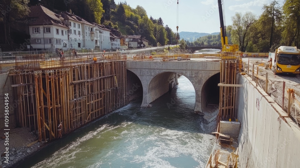 Poster waterproofing techniques being applied to tunnels being built under a river, ensuring robust constru