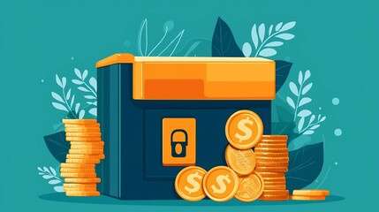 depicting a secure financial box or account with stacked coins symbolizing a comprehensive retirement savings plan to build wealth and protect future finances