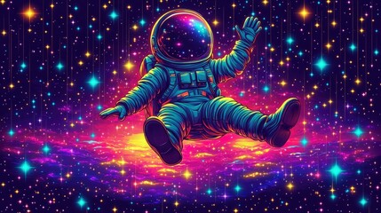 Naklejka premium Astronaut floating in a vibrant cosmic landscape filled with stars