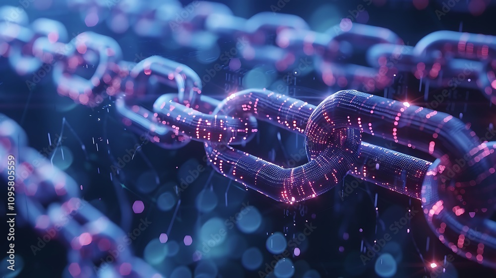 Poster abstract 3d rendering of a glowing blockchain chain. represents digital security and interconnected 