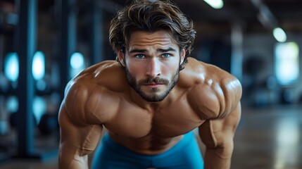 Fototapeta premium Muscular Caucasian man working out in a gym, showcasing determination and strength.