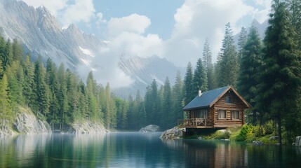 Fototapeta premium Secluded cabin by mountain lake.