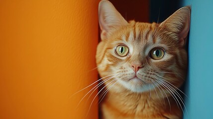 Close-up portrait of a curious orange cat with expressive eyes