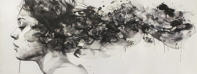 A striking monochrome portrait of a young woman with flowing hair, blending into abstract floral elements, evoking emotion and introspection.