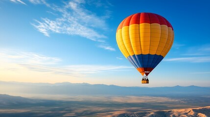 Obraz premium A vibrant hot air balloon soaring above picturesque landscapes under a clear blue sky, capturing the essence of adventure and freedom.
