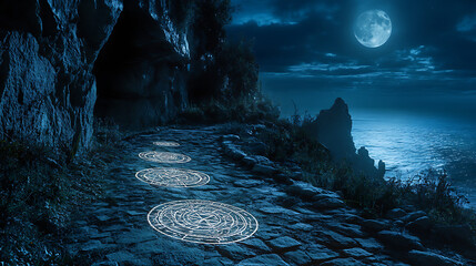 Guidance symbols etched into cliffside path, illuminated by moonlight, 8k, hyper realistic, real life based.