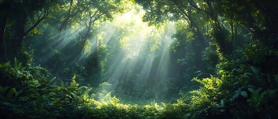 Obraz premium Serene sunlit forest with vibrant green foliage and soft rays of light filtering through the trees, creating a tranquil and mystical atmosphere.