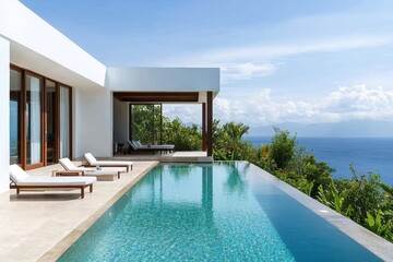 Fototapeta premium Luxury villa poolside relaxation ocean view modern architecture tropical environment