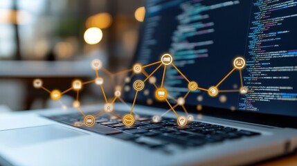 A laptop with a dynamic display, featuring digital networks and code, showcases the seamless blend of technology and innovation in a business environment.