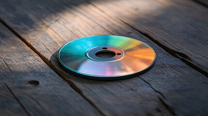Reflective cd resting on wooden surface in natural light