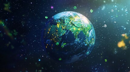 Generative depicting a vibrant colorful Earth with a prominent ozone layer and various preservation icons and symbols conveying the concept of environmental conservation and sustainable technology