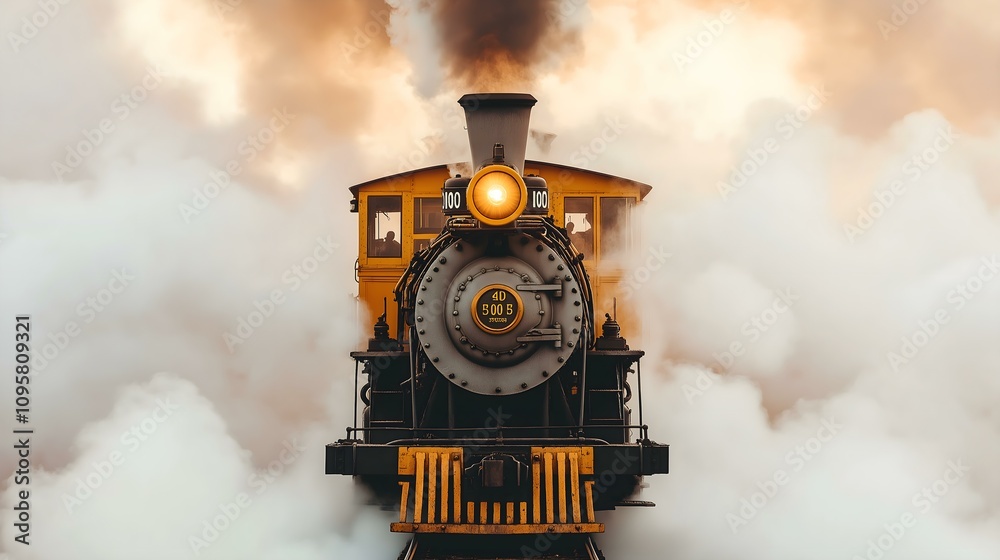 Wall mural A vintage steam locomotive billows smoke, evoking nostalgia and the charm of classic train travel in a dramatic landscape.