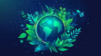 Fototapeta premium Glowing green Earth globe surrounded by environmental symbols and icons such as leaves plants trees renewable energy sources recycling and eco friendly concepts