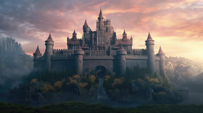 A view of a castle surrounded by beautiful nature. 4k animated video