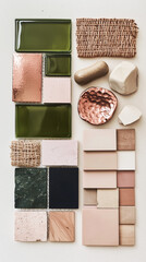 Fototapeta premium A clean and harmonious materials moodboard featuring natural textures and bold contrasts. Incorporate copper for a warm metallic highlight, high-shine olive green tiles for a luminous accent