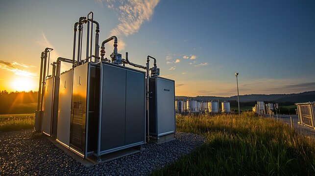 Hydrogen fuel cell power system in a rural eco friendly setting with a picturesque sunset landscape