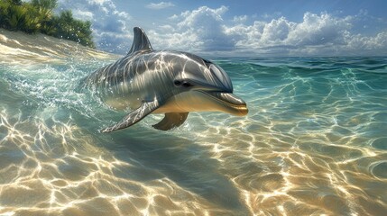 Obraz premium Dolphin swimming in clear blue water under a beautiful sky