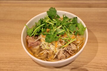 Vietnamese cuisine: bun bo hue (spicy rice noodles with beef tendon and coriander)