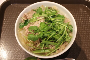 Vietnamese cuisine: pho bo (rice noodles with sliced beef and coriander)