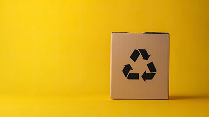 Cardboard box with recycling symbol against a vibrant yellow background
